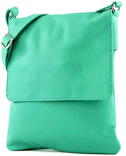 modamoda de - T33 - ital Umhängetasche Schultertasche aus Nappaleder, Farbe:Aquamarin