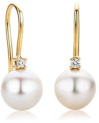 Orovi Schmuck Damen goldene Perlen Ohrhänger mit weiße Süßwasserzuchtperlen und 2 natürlichen Diamanten im Brillantschliff 0.06CT Zeitlose klassische Durchzieher Ohrringe Gelbgold 18 Karat (750) Gold
