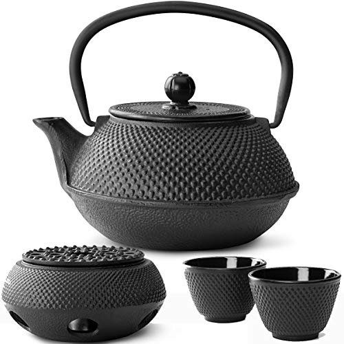 Teekanne asiatisch Gusseisen Set schwarz 0.8 Liter mit Edelstahl Tee-Filter Sieb-Einsatz für losen Teeeinsatz mit Stövchen und Teebecher (2 Tassen)