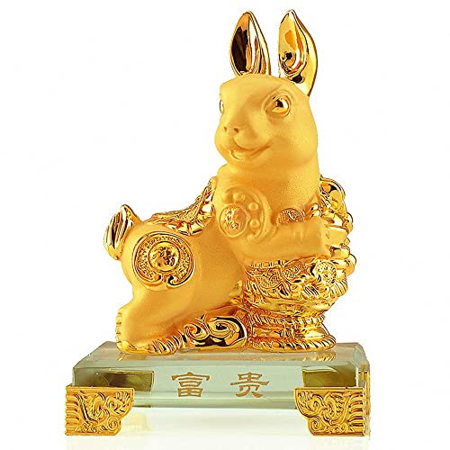 BOYULL Chinesisches Tierkreiszeichen Kaninchen goldenes Harz Sammelfiguren Tischdekoration Statue