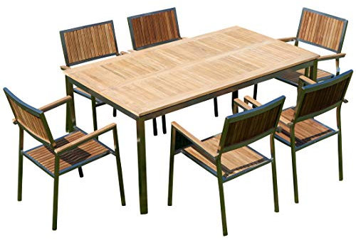 ALEOS. Gartengarnitur Edelstahl Teak Se: Tisch 160x90 cm + 6 Teak Sessel Serie Kuba A-Grade Teak Holz Serie Kuba Gastroqualität