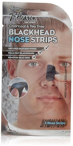 7th Heaven Men's Nose Strips with Charcoal and Tea Tree to Unclog Blocked Pores, Pull Out Blackheads & Remove Dead Skin, Black, 3 Count