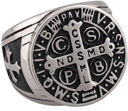 Flongo Herren Ring Männerring Herrenring Benediktussegen, Breit Edelstahl Band Ring Ringe Silber Bandring Siegelring Daumenring Saint Benedict Medal Herren-Accessoires Größe 67