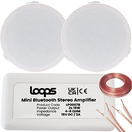 Bluetooth Ceiling Music Kit - Mini Amplifier & 2x Low Profile Ceiling Speakers - Stereo HiFi Wireless Background Sound System – Café, Restaurant, Home Cinema, Pub, Shop