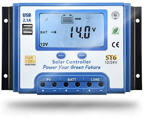 SolaMr 30A Solarladeregler 12V/24V Intelligenter Regler mit LCD-Display und doppeltem USB-Anschluss für Solarbatterien - ST6-30A