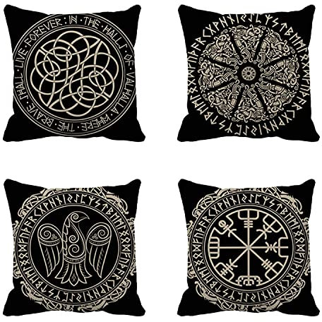 rouihot Set von 4 Kissenbezügen nordischen antiken skandinavischen Schild Wikinger Magische und Runen Weiß Schwarz Emblem 45,7 x cm Home Decor Kissenbezüge Quadratische für Sofa