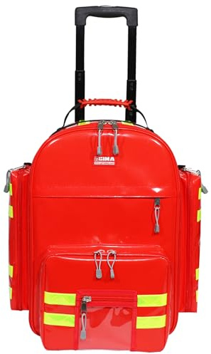 Gima - Notfall-Rucksack Logic 2 aus PVC, mit Trolley, 6 bunten Taschen, 2 Vorder- und 2 Seitentaschen, Farbe Rot und doppelte reflektierende gelbe Streifen, Schulterriemen, Größe 49 x 31 x 57 cm