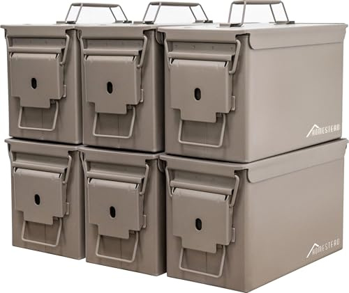 HOMESTEAD 50 Cal Metal Ammo Can – 6-Pack M2A1 Military Grade Ammo Storage Box, Airtight & Water-Resistant Ammo Containers for Long-Term Storage, Desert Tan Color