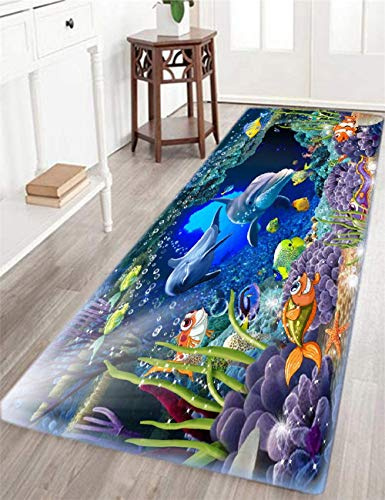 Woamoy Badematten, rutschfest, weich, saugfähig, Memory-Schaum, Badezimmermatte, extra groß, Badteppich, Läufer, Teppich für Badezimmer, Badewanne, Dusche, Fußmatten, 180,3 x 61 cm, blauer Delfin