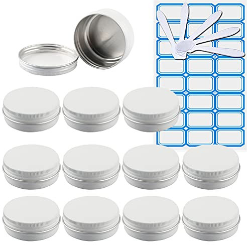 ZEOABSY 10 Pezzi Barattoli di alluminio 30ml a Vite Bianca Scatola in Alluminio Forma Rotondo, Vasetti per DIY Candele Cosmetico Caramella Gadget Balsamo Labbra, 1x Etichette e 5x Spatola