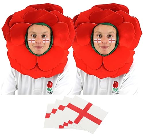 Englische Rosenhut, Rugby-Fußball, Roter Rosenhut plus Tattoos, WM Kostüm-Accessoire, England Englisch Sport Fan Hut