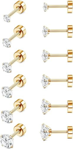 MILACOLATO 6 Pairs Flat Back Earrings Gold 18G Hypoallergenic 316L Stainless Steel Round Cubic Zirconia Stud Earring for Women Men Screwback Studs Cartilage Helix Ear Piercing