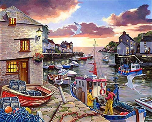 CaptainCrafts Paint by Numbers for Adults, DIY Paint by Numbers with Canvas Acrylic Art Crafts Home House Decor 16x20 Inch Harbor Boat Scene (with Frame, Harbor Boat Scene)