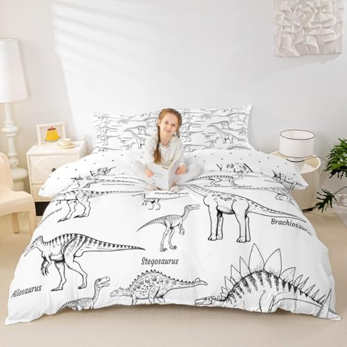 Erosebridal Boys Dinosaur Bedding Set Twin, Kids Teens Ancient Animal Comforter Cover Adult Retro Dino Pattern Duvet Cover Dinosaur Vintage Quilt Cover 2 Pieces with 1 Pillowsham, Black White