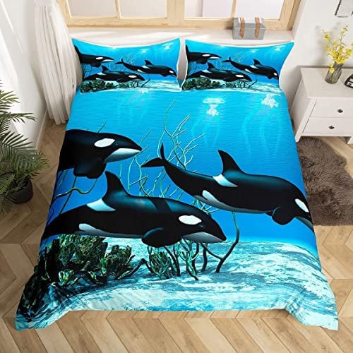 Killerwal Bettwäsche Sets Orcinus Orcas Trösterbezug Die Unterwasserwelt Quallen Bettbezug Set für Kinder Jungen Mädchen Tiefseetiere Marine Life Bettbezug 2 Stücke Kinderzimmer Dekor 135x200