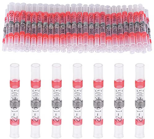 100 PCS Solder Seal Wire Connectors Heat Shrink Solder Butt Connectors Waterproof Insulated Electrical Butt Splice Wire Terminals, Red 22-16 AWG