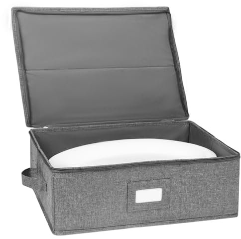 Boîte de Rangement en Porcelaine avec Couvercle et Poignées, Boîte Rangement, Caisse Rangement, 43,2 x 33 x 15,2 cm, 5 Intercalaires en Feutre, Coque Rigide et Empilable (Gris Lin)