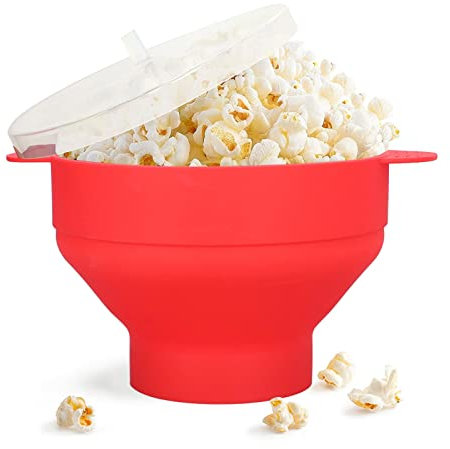 Large Microwave Popcorn Maker, Silicone Popcorn Popper Microwave Collapsible Bowl with Lid and Handle, Dishwasher Safe(Red)