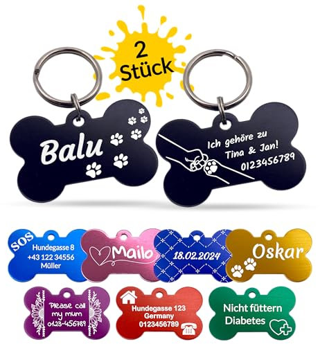 Unikat Branding | 2 Stück Erkennungsmarken | Hund, Katze und Herrchen | Hundemarke personalisiert | Beidseitig mit Gravur | Knochen | Lila | 38 mm