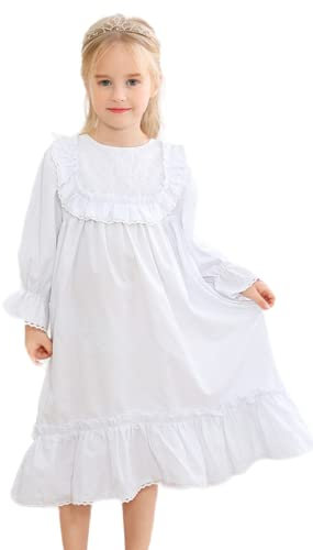 Alunsito Nightgowns for Girls Cotton Vintage Pajama Dresses for Girl Ruffle Long Sleeve Nightgown for Little Kids and Women 100 White 3-4 Years