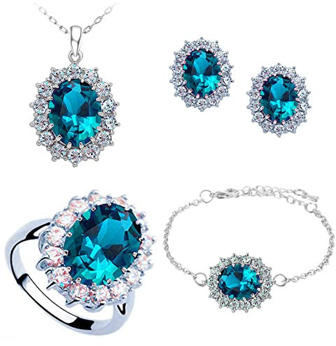 TOFBS Schmuckset für Damen und Mädchen Zirkonia Anhänger Halskette Ohrringe Armband und Ringe Set Prinzessin Diana Schmuck Set (Meeresblau)