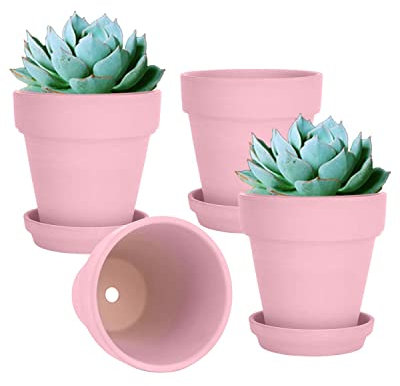 vensovo 15CM Peach Pink Terracotta & Clay Pots for Plant with Saucer - 4 Pack Medium Terra Cotta Planter with Drainage Hole, Flowerpot for Indoor Outdoor Plants, Crafts, Wedding Favor