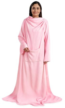 ASAB Cosy Fleece Hooded Blanket With Sleeves - Ultra Soft Plush, Snuggle Blanket For Men And Women - Extra Long Warm Throw, One Size Fits All, 185 x 130 cm (Pink)