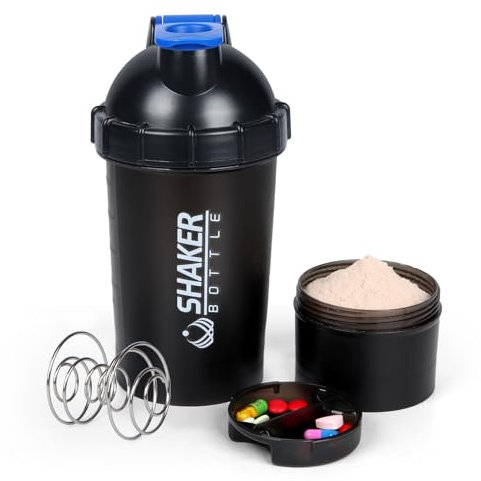 XTKS Shaker Bottle Shaker Bouteille shaker de avec rangement pour poudre et pilulier - 500 ml - Pour mélanges de protéines avec boule mélangeuse - Bouteille mélangeur anti-fuite pour pré-entraînement