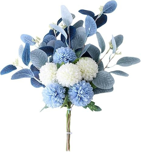 HAOSHICS Ramo de flores artificiales, hortensias, flores falsas de crisantemo, flores artificiales de seda para decoración de centros de mesa de café (azul y blanco)