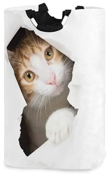 Großer Wäschekorb, zusammenklappbar, Oxford-Stoff, Aufbewahrungskörbe, Katze aus Papier, naive Augen, Wäschesack, 57 cm, mit Griffen, Waschbehälter