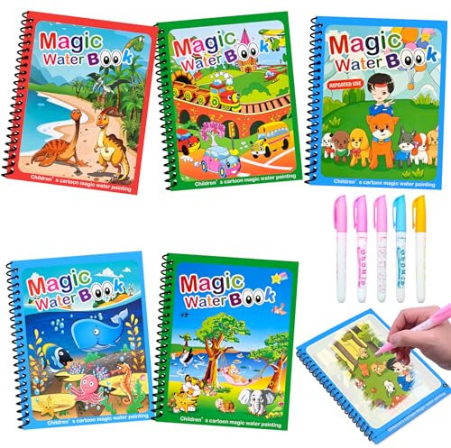 sprecenk 5 Pièces Livre Magique à l'eau, Livre de Dessin Magique de l'eau Réutilisable, Livre de Coloriage a l'eau à Enfant, Magic Water Book avec 5 Stylo Magique pour Garçons Filles Cadeaux, C