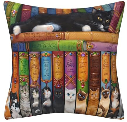 DILOXNSU Cat Gifts Kissenbezüge 45 x 45 cm Katzenbuch Bücherregal doppelseitige dekorative Kissenbezüge für Zuhause Wohnzimmer Sofa Bett Outdoor Garten Dekor Kissenbezug 45,7 x 45,7 cm