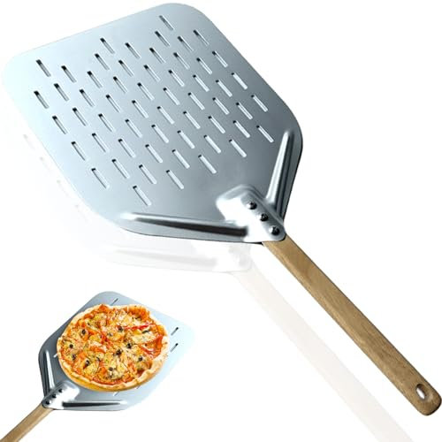 Sylanda Pala de pizza de 12 pulgadas perforada, pala para pizza y pala de pan con mango antiescaldaduras, pala perforada para pizza de aluminio anodizado duro para pizza, pan, pasteles