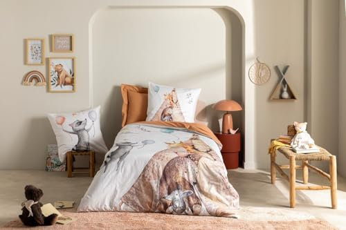 Tradilinge - Housse de Couette Animaux de la fôret Percale de Coton Tabac 200x200 cm