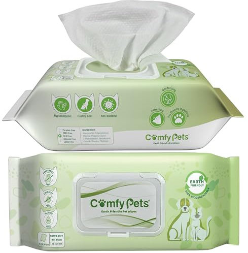 Comfy Pets Wet Wipes | Soft and Thick Fragrance Free Pet Wipes | Cats & Dog Wipes for Ears, Paws, Body, and Bum | Biodegradable Pet Wipes for Puppies - Pack of 4 (Each 104)