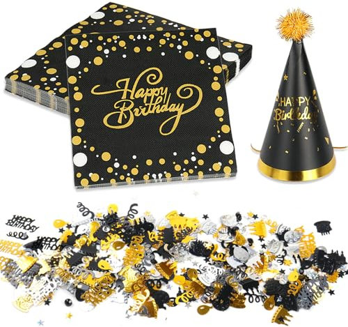 TRUEIN 40 Stück Servietten Schwarz Gold, Happy Birthday Servietten mit 15g Konfetti Geburtstag und Partyhütchen, Geburtstag Servietten, Mädchen Junge Geburtstagsservietten für Geburtstagsfeier, Partys