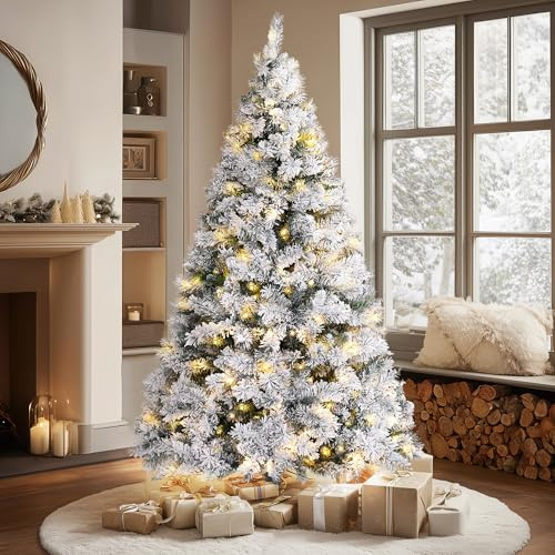 VeryMerry 6FT Pre Lit Snowy Christmas Tree with 300 Built-In Warm White LED Lights with Auto-Off Timer, 8 Lighting Modes, Foldable Metal Stand, Snow Flocked Artificial Tree