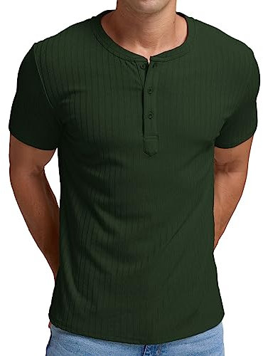 QIXING Men's Henley T-Shirts Short Sleeve Summer Tshirt Classic Slim Fit Stretch Casual Shirt with Front Placket (Dark Green, L)