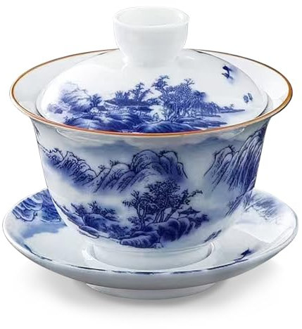 fanquare Gaiwan Bleu et Blanc Bol à Thé Sancai Traditionnel Chinois en Porcelaine de Paysage avec Couvercle Set de Couvertures pour Tasses à Thé et Soucoupes 180ML