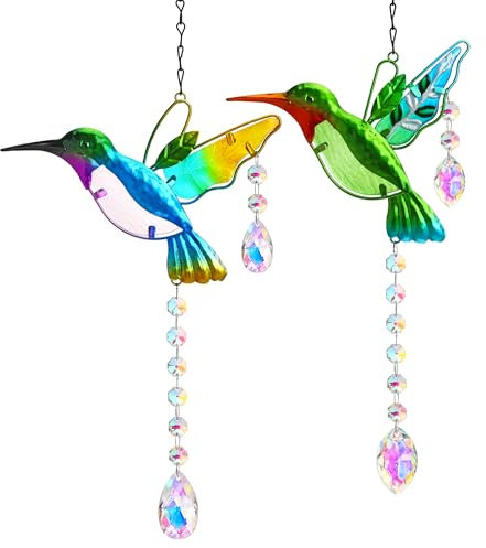 Kolibri-Sonnenfänger mit Kristallen, Buntglas-Fensterdekoration, Regenbogen-Maker, Kristallprisma, Sonnenfänger, für drinnen und draußen, Haus, Garten, Party, Dekoration, 2 Stück