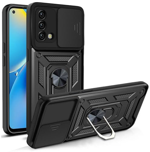 BORYA Hülle für Oppo A74 4G, Stoßfest PC + TPU Handyhülle, Prämie Silikon Kratzfest Militärqualität Schutzhülle mit Magnetisches Ring Ständer Und Kamera Cover. Schwarz