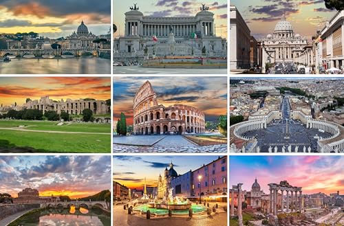 Set di cartoline Roma: 9 carte singole (cartoline) - motivi fotografici tra cui Colosseo, Forum Romano, Basilica di San Pietro, Piazza Navona, Monumento Vittoria Emanuele, Piazza San Pietro - Foto