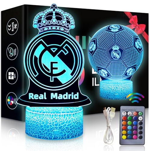 Lot de 2 Madrid Football Veilleuse 3D LED Enfants, Surprise Cadeau Foot Garcon 3 4 5 6-12 Ans, 16 Couleurs USB Smart Remote Control Football Lampe, Decoration Chambre Cadeaux Parfaits pour Les Fans