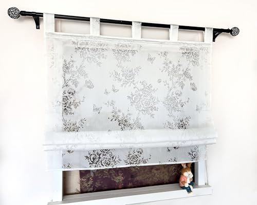 Devola Raffrollo mit Blumenmuster Raffgardine Ausbrenner Rollo Vorhang Küche Fenster Gardinen Landhausstil Gardinen Kurz Halbtransparent HxB 140x120cm Weiß mit Schlaufen 1 Stück