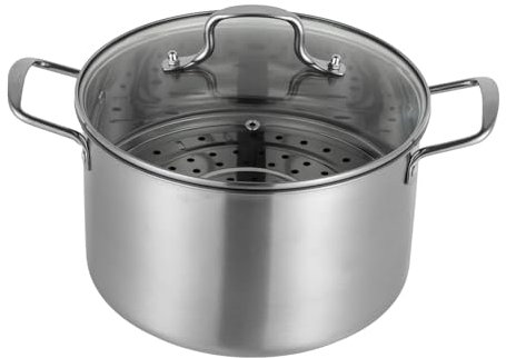 Olla de acero inoxidable de 4 L, 22 cm, sin revestimiento, apta para lavavajillas, con tapa de cristal y mango