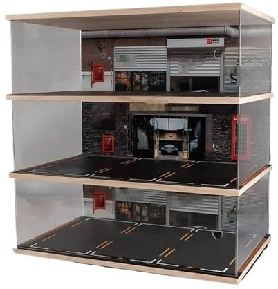 Car Scene Display Simulation Car Garage Model 1:18 Model Cars Wooden Garage Scene Acrylic Transparent Parking Lot Car Models Collection Dustproof Display Stand Birthday Gift Model Car Storage Boxes(C)