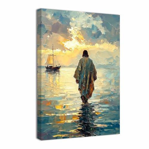 ZQQART Jesus Wandbild Gott geht auf dem Wasser Leinwandgemälde Kunst christliche Poster Drucke religiöses Bild Kirchengebet Raumdekor gerahmt(Gold,60x90cm)
