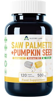 Alzuro Labs Saw Palmetto (Palmier Nain) & Graines de Citrouille | 500 mg extrait (4:1 et 10:1) | 120 vég capsules | soutien de la prostate et des voies urinaires | Testé en laboratoire | Certifié GMP