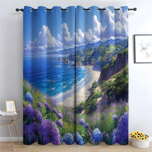 TZKRWRH Tende oscuranti oceaniche, Fiori viola Mare blu tenda per finestra per camera da letto, con stampa marini, tende termiche oscuranti - 180x100CMx2 (Occhiello)