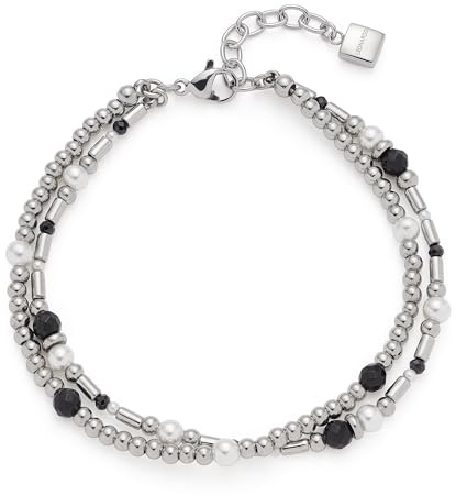 JEWELS BY LEONARDO Armband Sabine • doppelreihiger Arm-Schmuck aus silberfarbenem Edelstahl • silberne Elemente mit Perlen in schwarz-weiß • 18,5-21 cm Länge • Schmuck Geschenk für Frauen • 024936